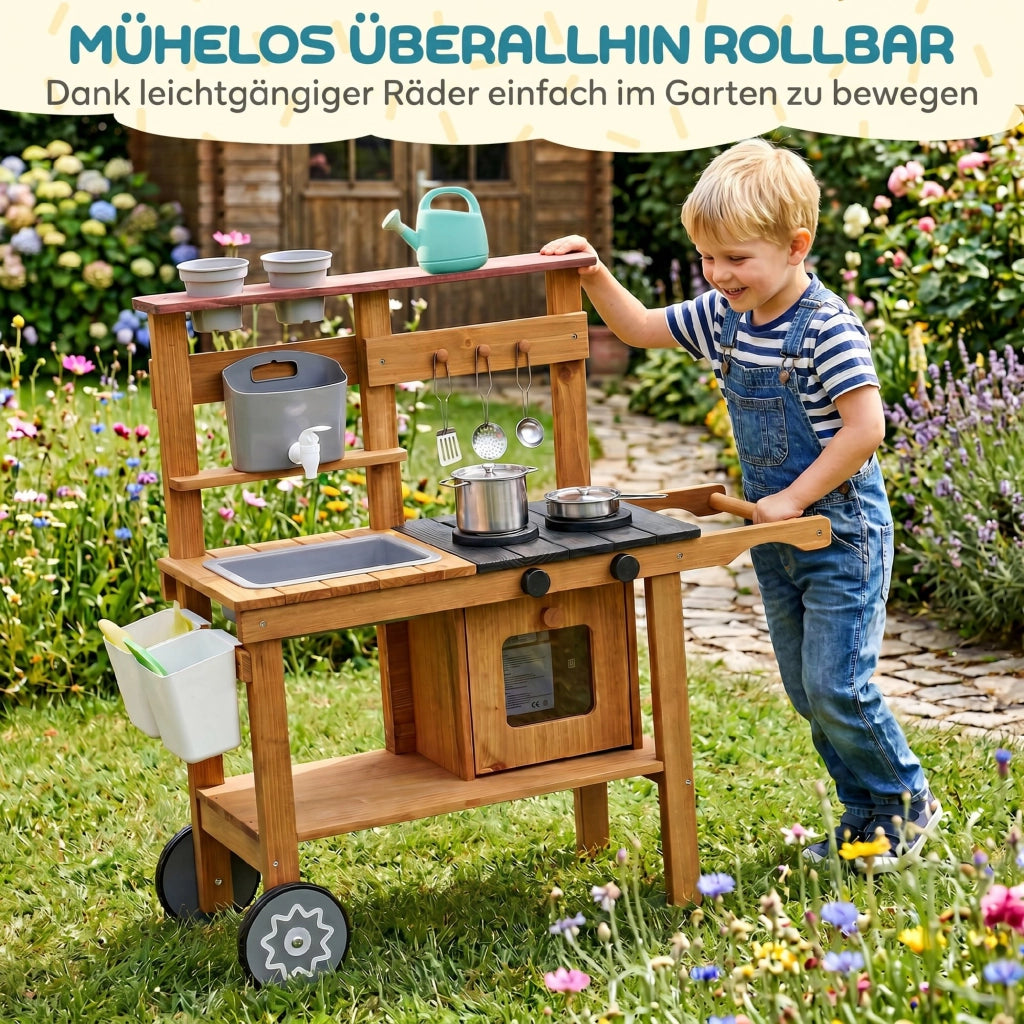 Cucina Giocattolo Esterna per Bambini ¨C zephmum ¨C Legno, Marrone con Rubinetto e Ruote