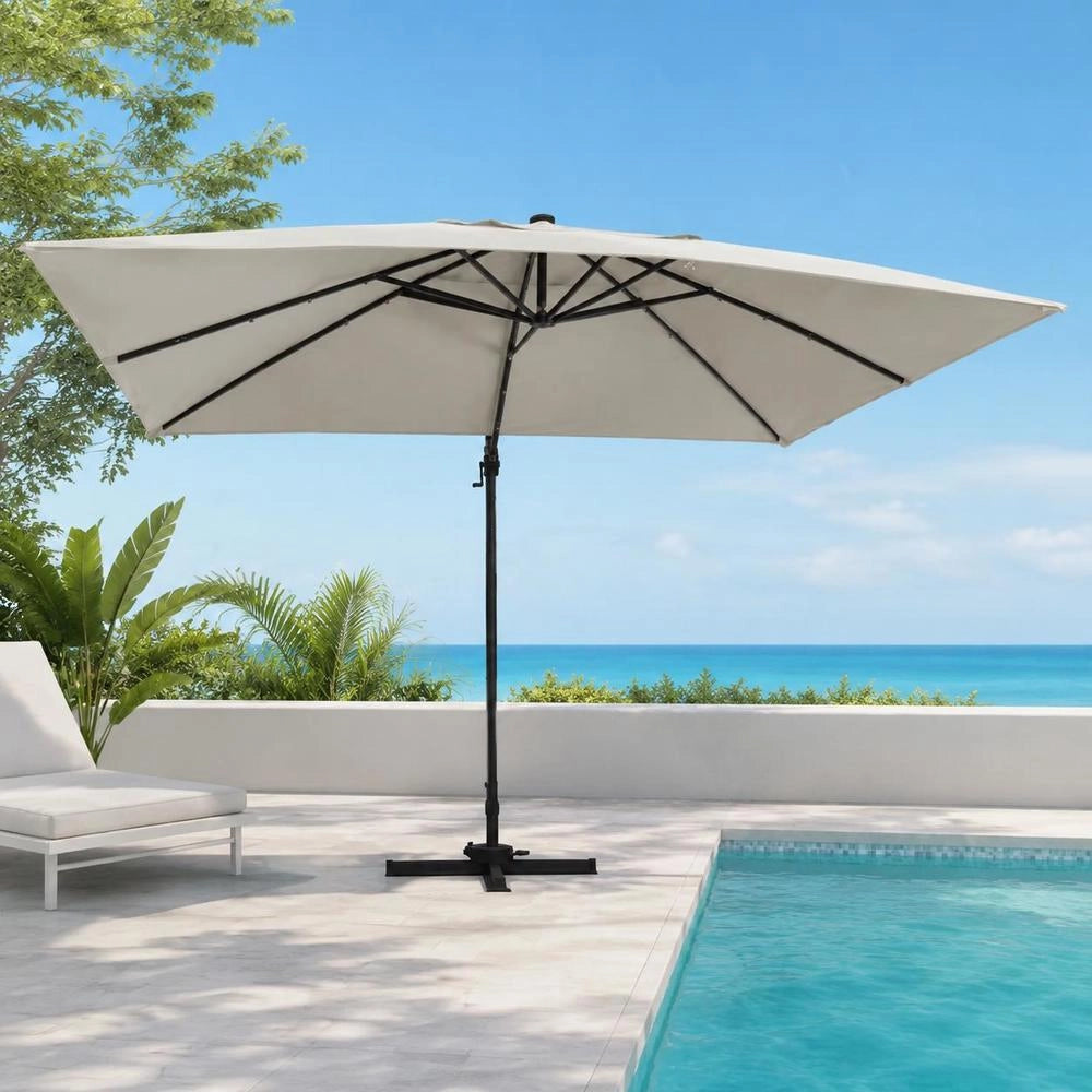 Parasol With LED Lighting, Aluminum Mast, 400x300 Cm, Sand White
