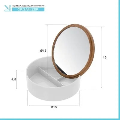 Porta trucchi da bagno tondo in plastica bianca e bambù completo di specchio