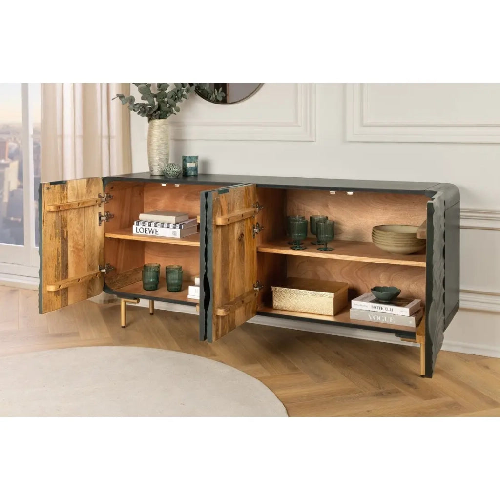 Buffet ONDARA 160 cm – Legno Massiccio Verde Scolpito – Piedi Dorati – Design Contemporaneo
