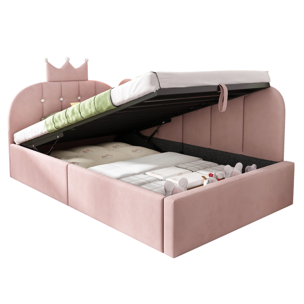 Letto contenitore a scomparsa L, 90x190 cm, in velluto rosa, con rete a doghe, senza materasso