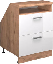 Mobile sottotetto Rion, Bianco lucido, 60 x 81.6 cm con 2 cassetti, carcassa 60 cm profondità, adatto per il salvaspazio sotto tetti spioventi