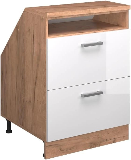 Mobile sottotetto Rion, Bianco lucido, 60 x 81.6 cm con 2 cassetti, carcassa 60 cm profondità, adatto per il salvaspazio sotto tetti spioventi