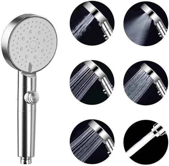 Douchekop a mano con 5 funzioni e interruttore di pausa on/off, testa d'acqua a risparmio idrico anti-blocco, testa d'acqua a mano con interruttore di pausa (argento)