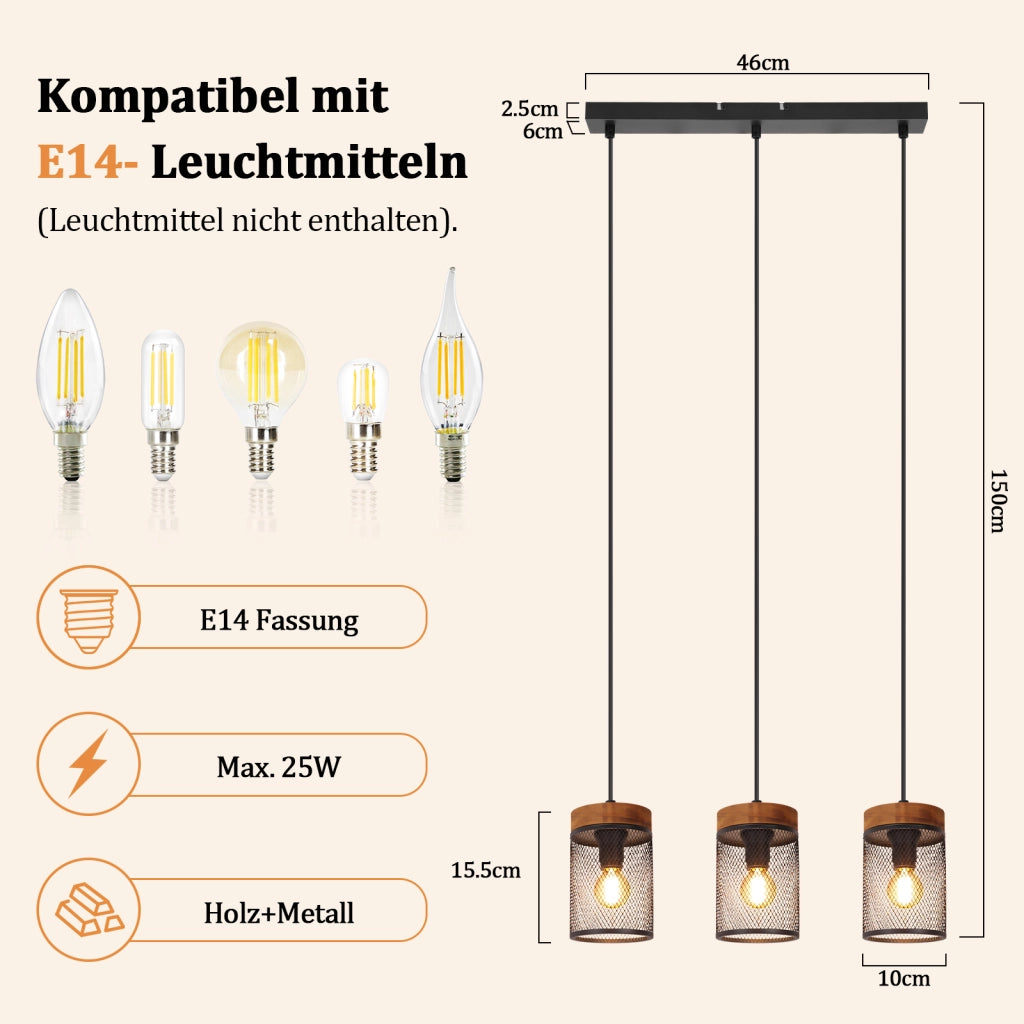 ZMH Lampada a Sospensione Vintage Legno Nero 3 Luci E14 Industriale per Soggiorno Sala da Pranzo Cucina Senza Lampadina