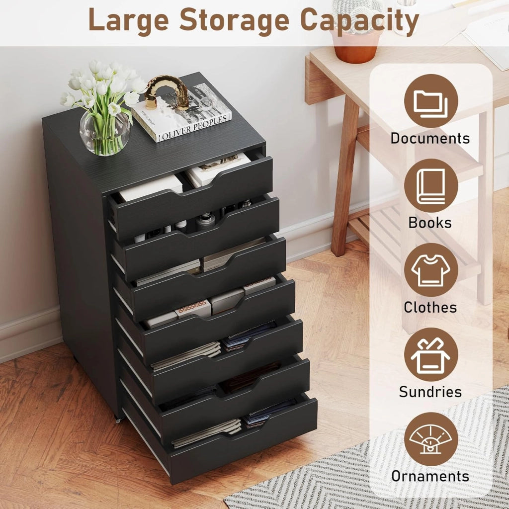 Cassettiera da Ufficio Mobile con 7 Cassetti, Mobile da Scrivania con Ruote per la Conservazione, Supporto per Stampante per Cartelle, Documenti, Carte, 49 x 40 x 87 cm (Nero)