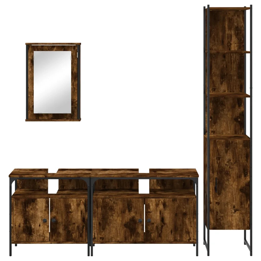 Set Mobili da Bagno | Armadio da bagno 4 pz Rovere Fumo in Legno Multistrato