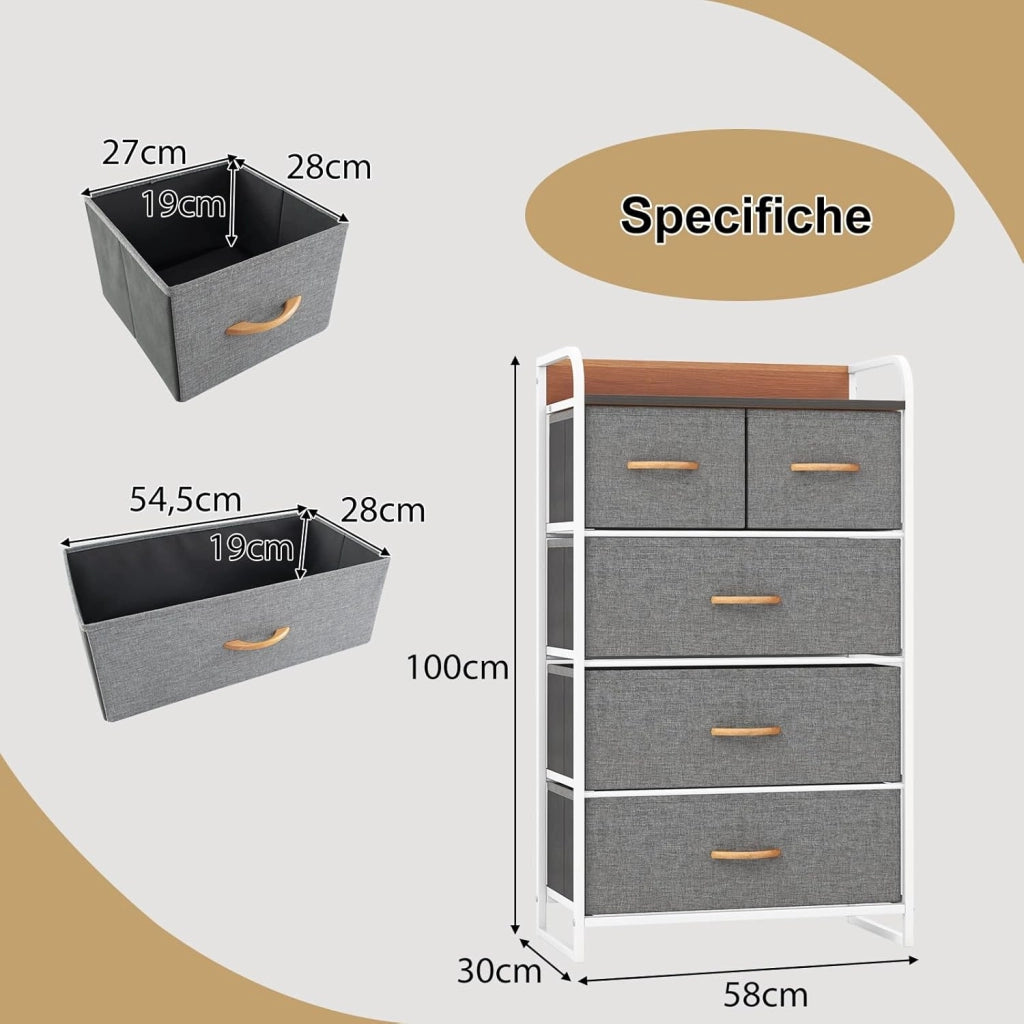 Cassettiera con 4/5 Cassetti, Organizer Verticale con Cassetti Pieghevoli in Tessuto, Cassettiera Armadietto, Comò con Struttura in Acciaio e Superficie in Legno (5 cassetti grigio)