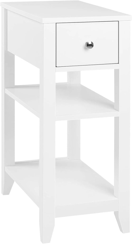 Comodino Alto e Stretto con 1 Cassetto e 2 Ripiani Aperti, Comodino per Camera da Letto, 45x28x66cm, Tavolino da caffè in Legno, Mobiletto Multiuso con Design Moderno, Bianco NTS02ws