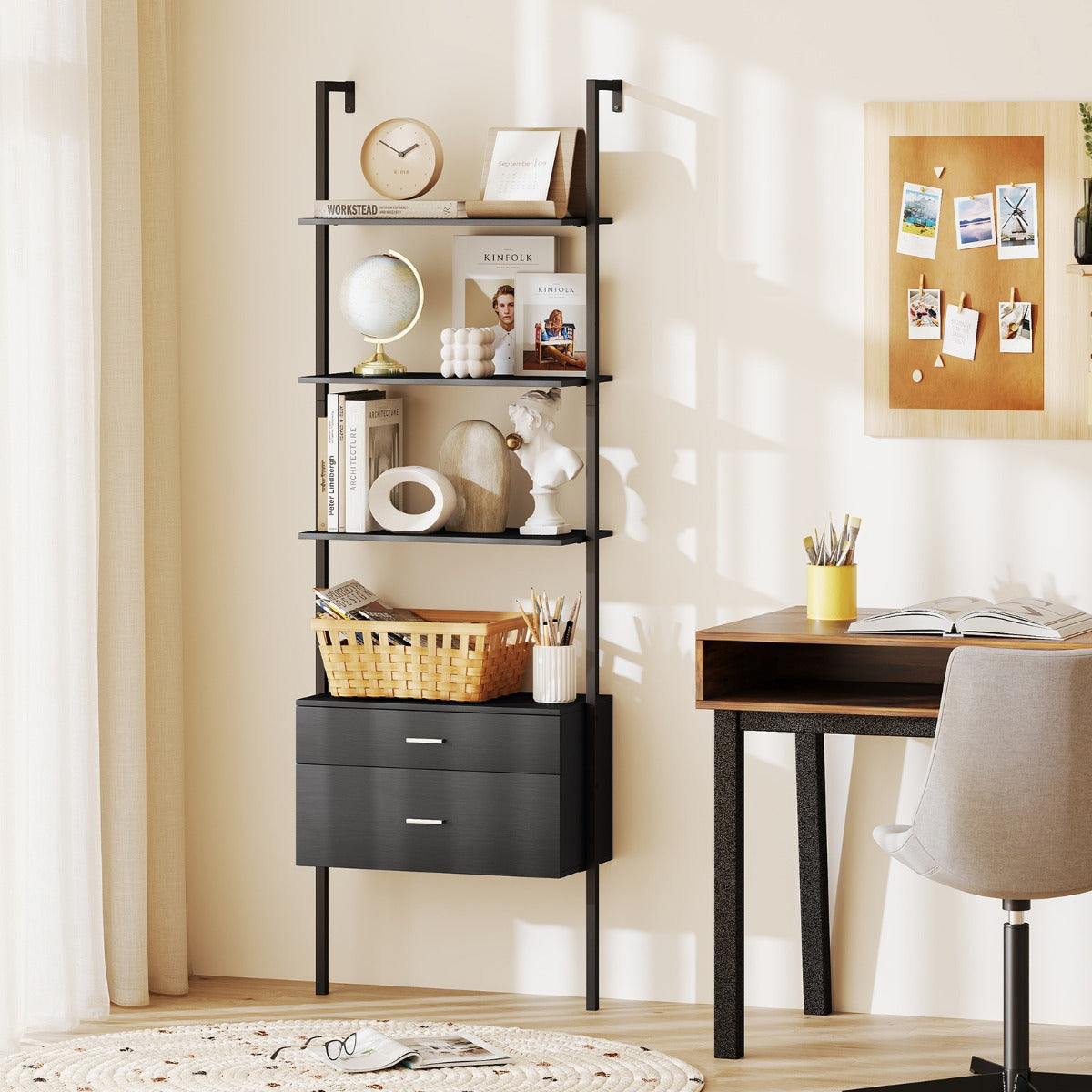 Libreria a scala a 6 ripiani con 2 cassetti e struttura in metallo-Libreria a scala da parete alto 184 cm Nero