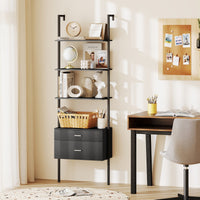 Libreria a scala a 6 ripiani con 2 cassetti e struttura in metallo-Libreria a scala da parete alto 184 cm Nero