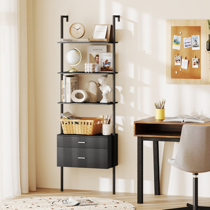 Libreria a scala a 6 ripiani con 2 cassetti e struttura in metallo-Libreria a scala da parete alto 184 cm Nero