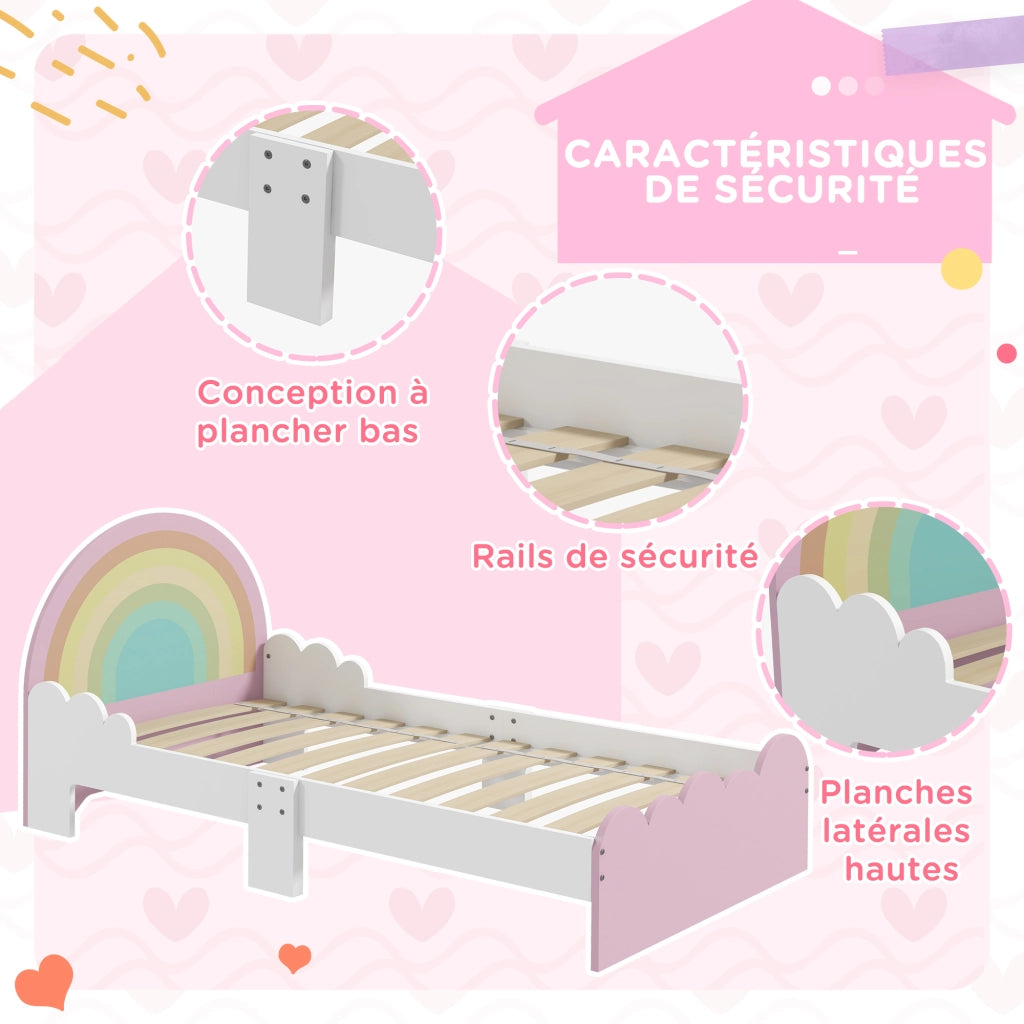 Letto per Bambini 3-6 anni con Testiera Arcobaleno e Rete a Doghe ¨C zephmum ¨C Rosa 143x74x66 cm