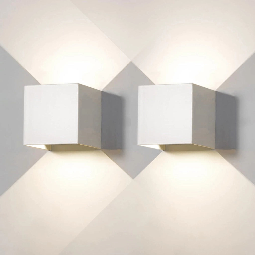 Set 2 Pezzi Applique LED da Parete 2 LED Design Quadrato IP65 Interno/Esterno Luce Naturale o Fredda Nero o Bianco Luce Natuale - Bianco