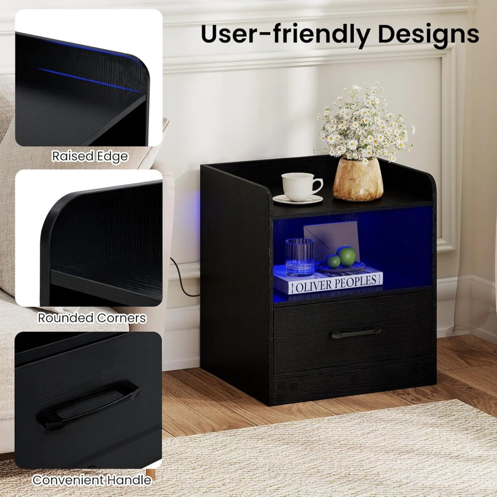 Comodino Cameretta con Luce LED a 16 Colori, Tavolino Camera da Letto con Ripiano Aperto e Cassetto, Comodino Moderno con Telecomando per Soggiorno, 44,5 x 40 x 50 cm, Nero
