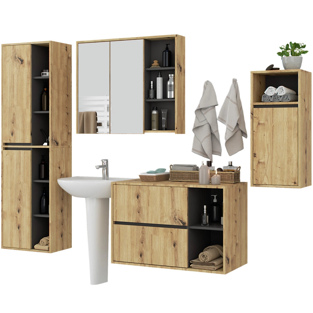 Set di mobili da bagno sospesi VAMI in Rovere Artisan con colore interno Grigio Grafite
