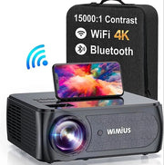 Proiettore K8 - 4K Full HD - 4D Keystone - 5G WiFi - 300 pollici - 15.000 Lumen - Proiettore per Cinema Domestico - Funzione di rotazione a 360 gradi - Incluso zaino portatile