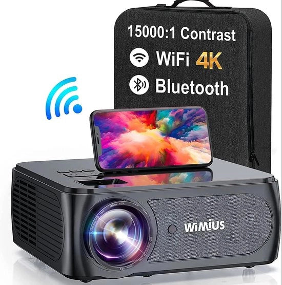 Proiettore K8 - 4K Full HD - 4D Keystone - 5G WiFi - 300 pollici - 15.000 Lumen - Proiettore per Cinema Domestico - Funzione di rotazione a 360 gradi - Incluso zaino portatile