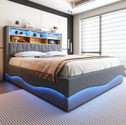 Letto imbottito 180x200 cm con contenitore; LED e USB in lino e ferro grigio