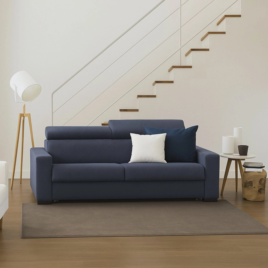 Divano fisso Vigolana, Divano a 3 posti, Made in Italy, SofÒ  Soggiorno, in tessuto imbottito, con poggiatesta regolabili e Braccioli slim, cm 200x95h85, Blu