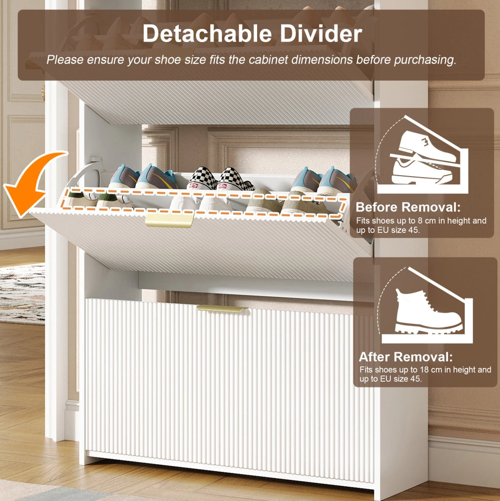 Scarpiera salvaspazio 80x25x135 cm con 3 ribalte e 2 cassetti; bianco
