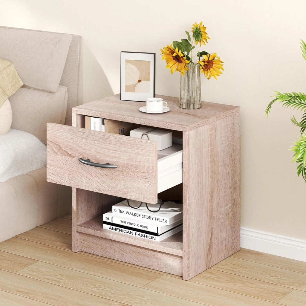 COSTWAY Comodino 38,5 x 28 x 40,5cm in Legno, Tavolino Salvaspazio con Scomparto Aperto e Casseto per Soggiorno e Camera da Letto (Naturale)