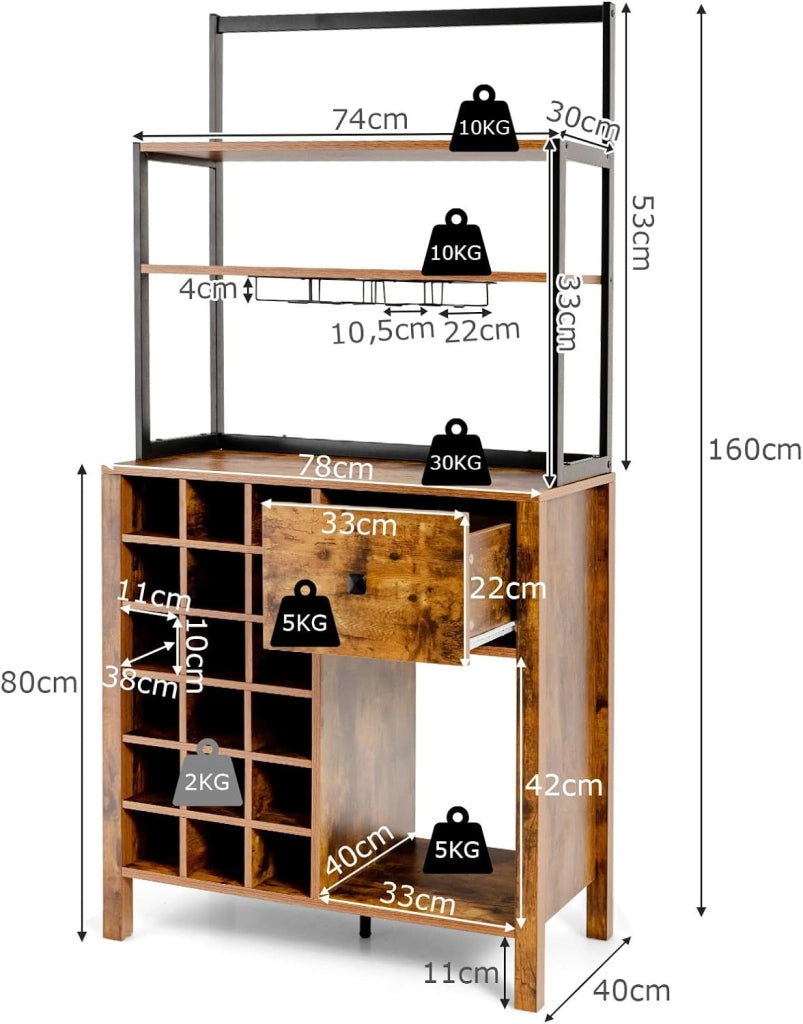 Mobile da Cucina con Cassetto, 4 Livelli Ripiani Aperti e Portabottiglie, Credenza Cucina in Legno e Metallo, per Fino a 18 Bottiglie, per Sala da Pranzo, Soggiorno, 78 x 40 x 160 cm
