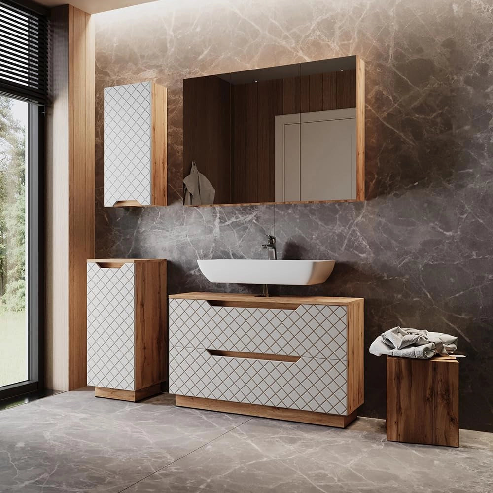 Set di mobili da bagno Lotta, Rovere/bianco con struttura in piastrelle, 4 parti