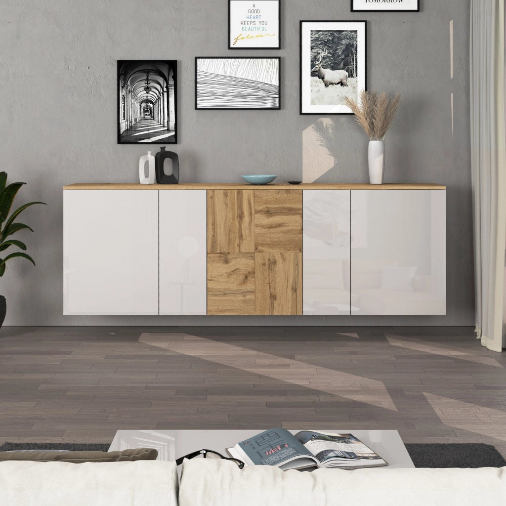 WHOUS Credenza sospesa Iseo con 5 ante e 10 scomparti interni bianco lucido e rovere 200x35x70 cm