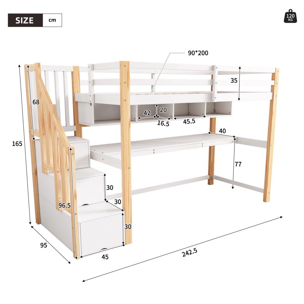 Letto a Soppalco Letto Singolo con Scala Contenitore; Scrivania e Scaffali; 90 x 200 cm; senza Materasso; Bianco e Rovere