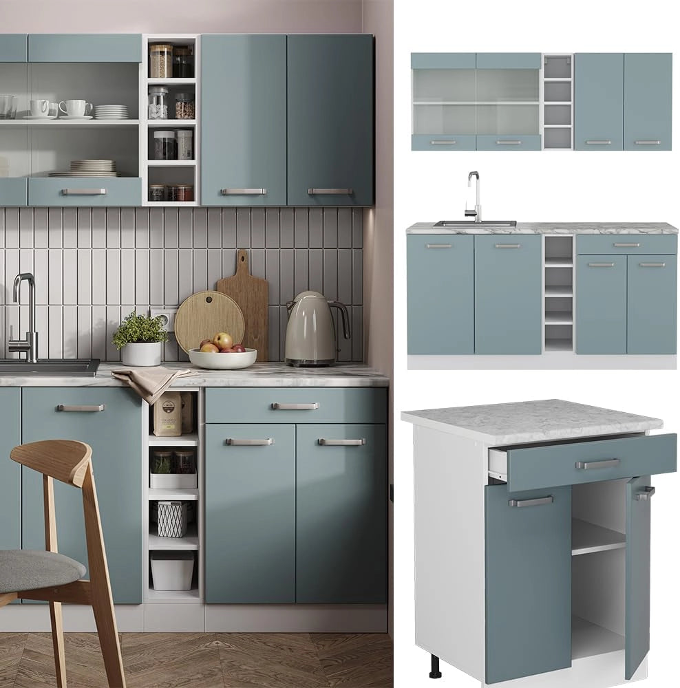 Cucina completa R-Line, Blu-grigio/bianco, 160 cm, PL Rovere, con disposizione flessibile dei moduli ed espandibile