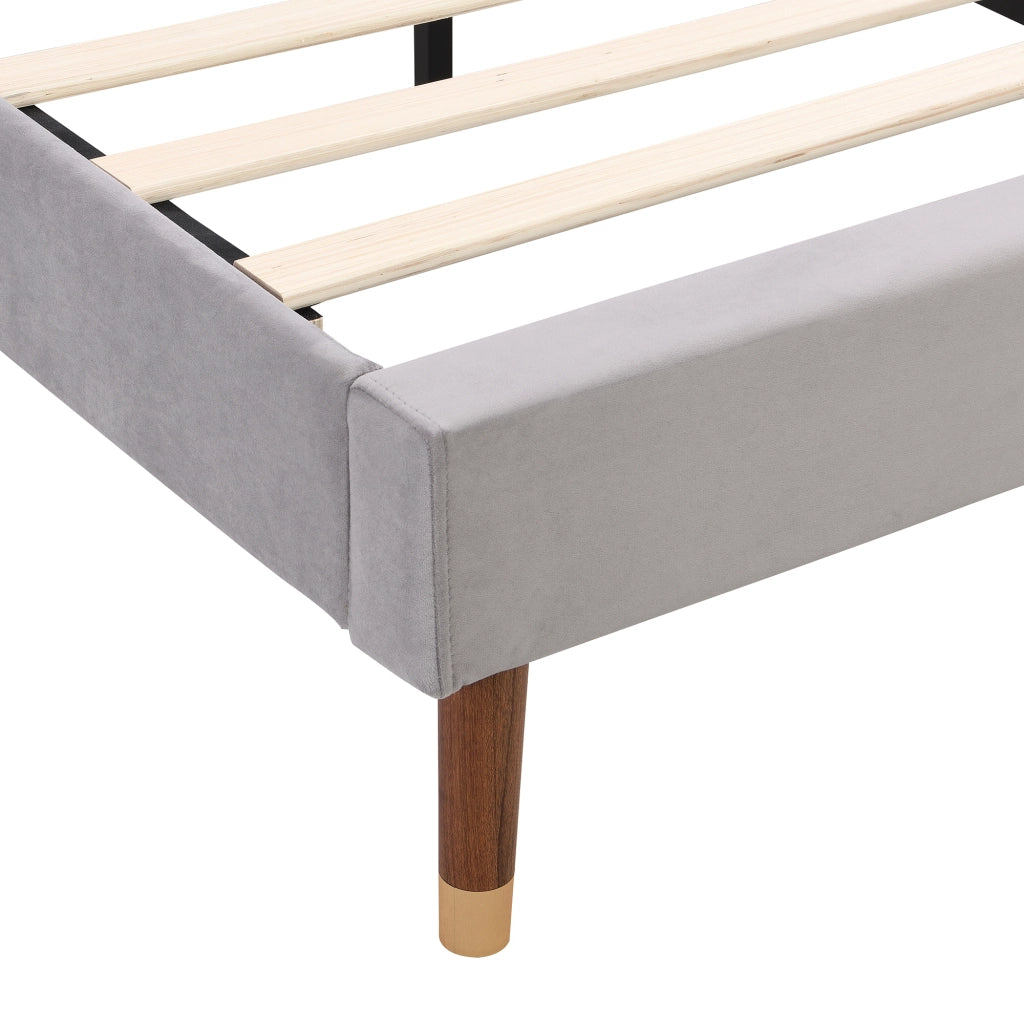 OKWISH Letto Matrimoniale 140×200 cm con Testiera Imbottita e Doghe in Legno, senza Materasso, in Velluto, Grigio