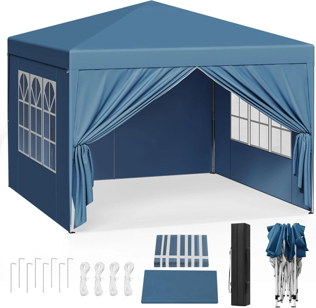 Gazebo da Giardino Richiudibile 3x3m Gazebo da Esterno Ferro Regolabile in Altezza Tendone Pieghevole con Telo Idrorepellente, Protezione Solare, Facile Montare Blu