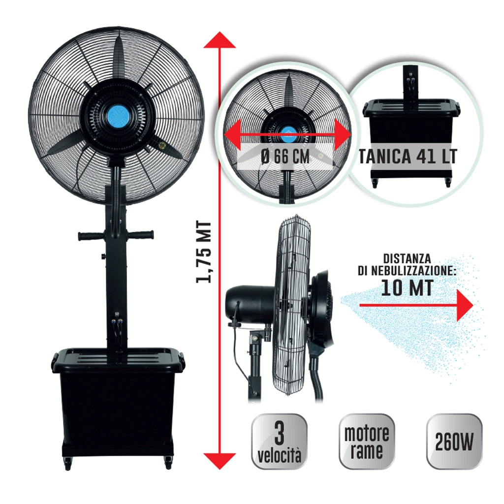 Ventilatore Nebulizzatore Raffrescatore 66 cm con Tanica 41L, 3 Velocità, Altezza 175 cm, 260W 220V
