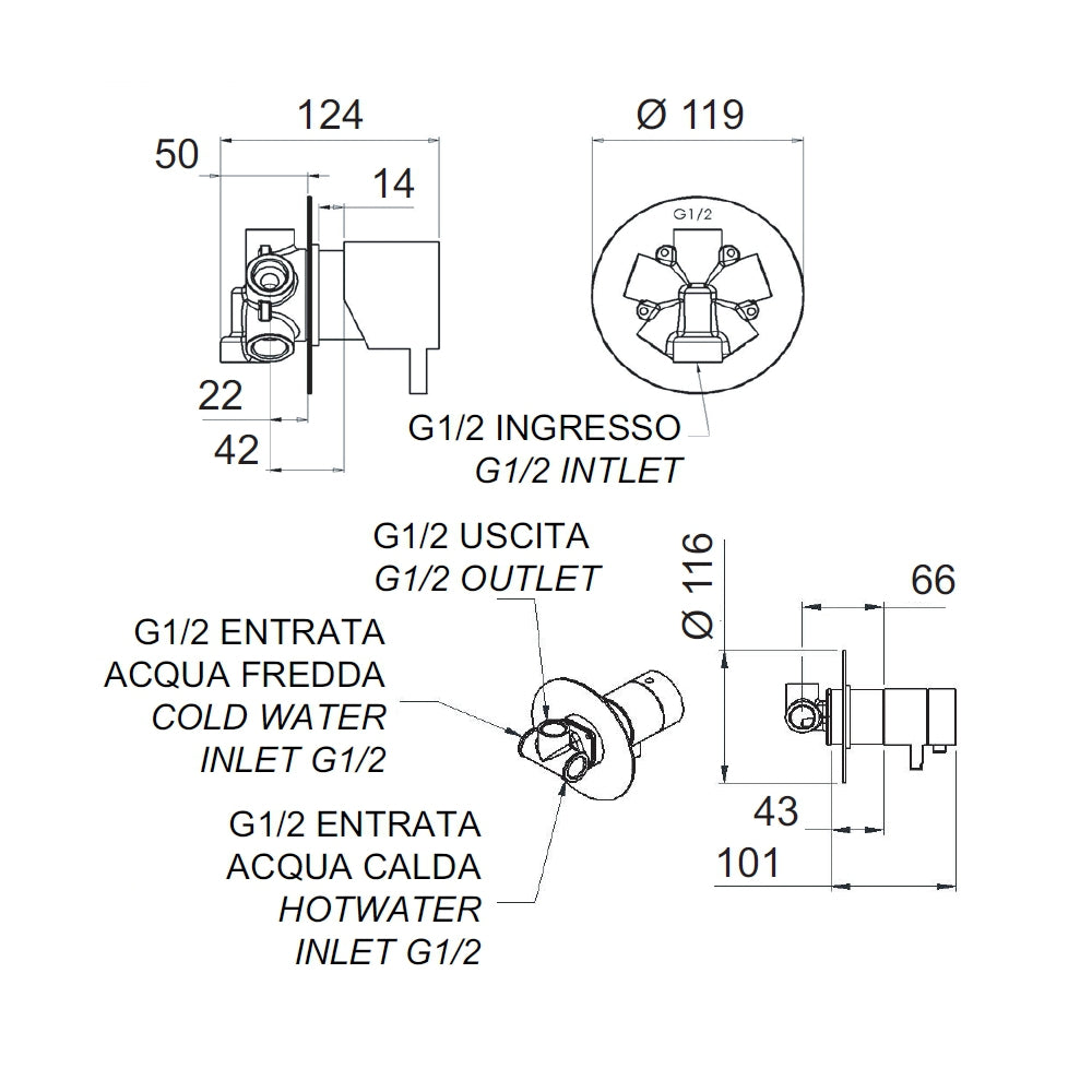 Rubinetto termostatico doccia con deviatore 4 posizioni su doppia piastra - serie minimal thermo