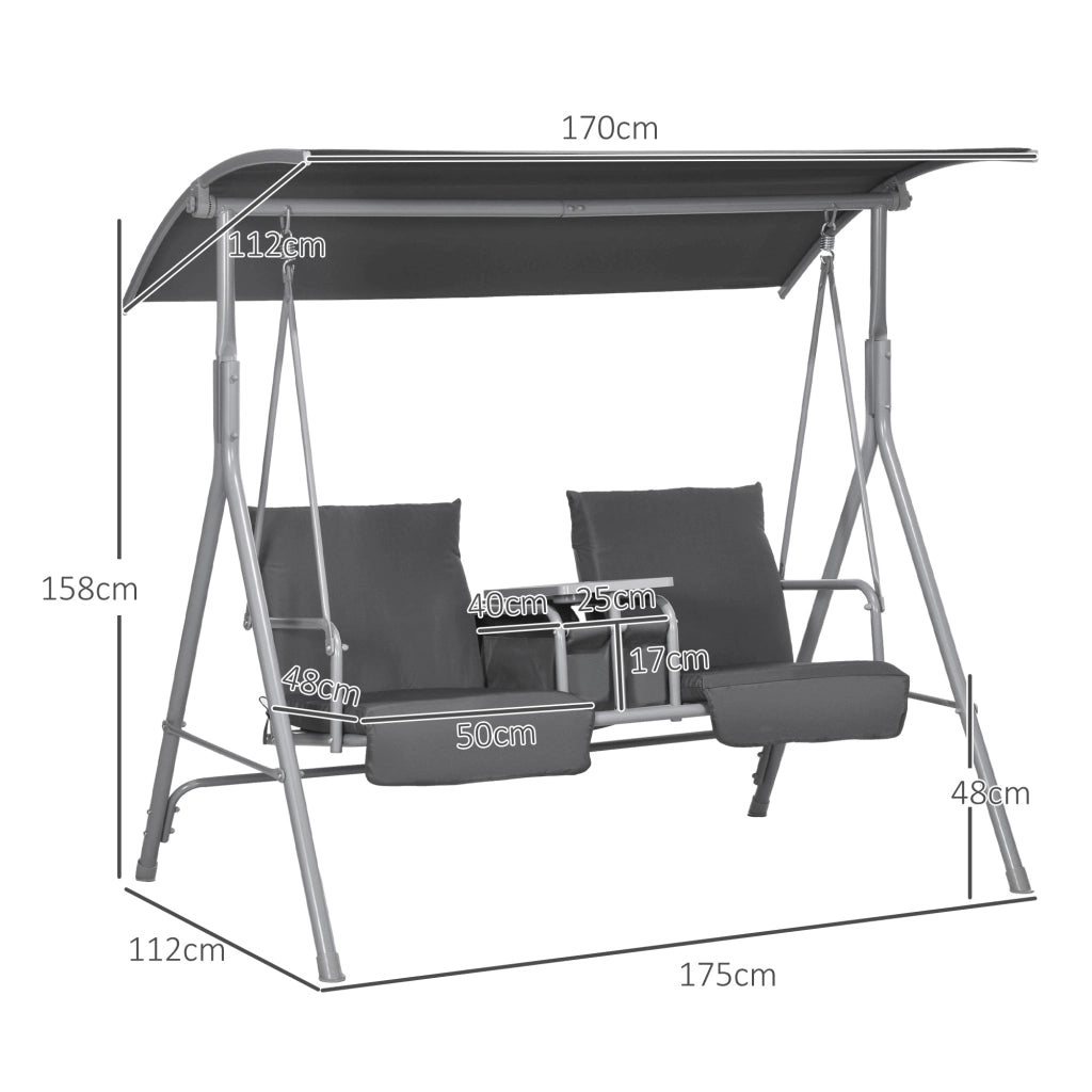Dondolo 2 Posti con Tavolino e Portabicchieri, in Metallo e Poliestere, 175x110x165 cm, Grigio