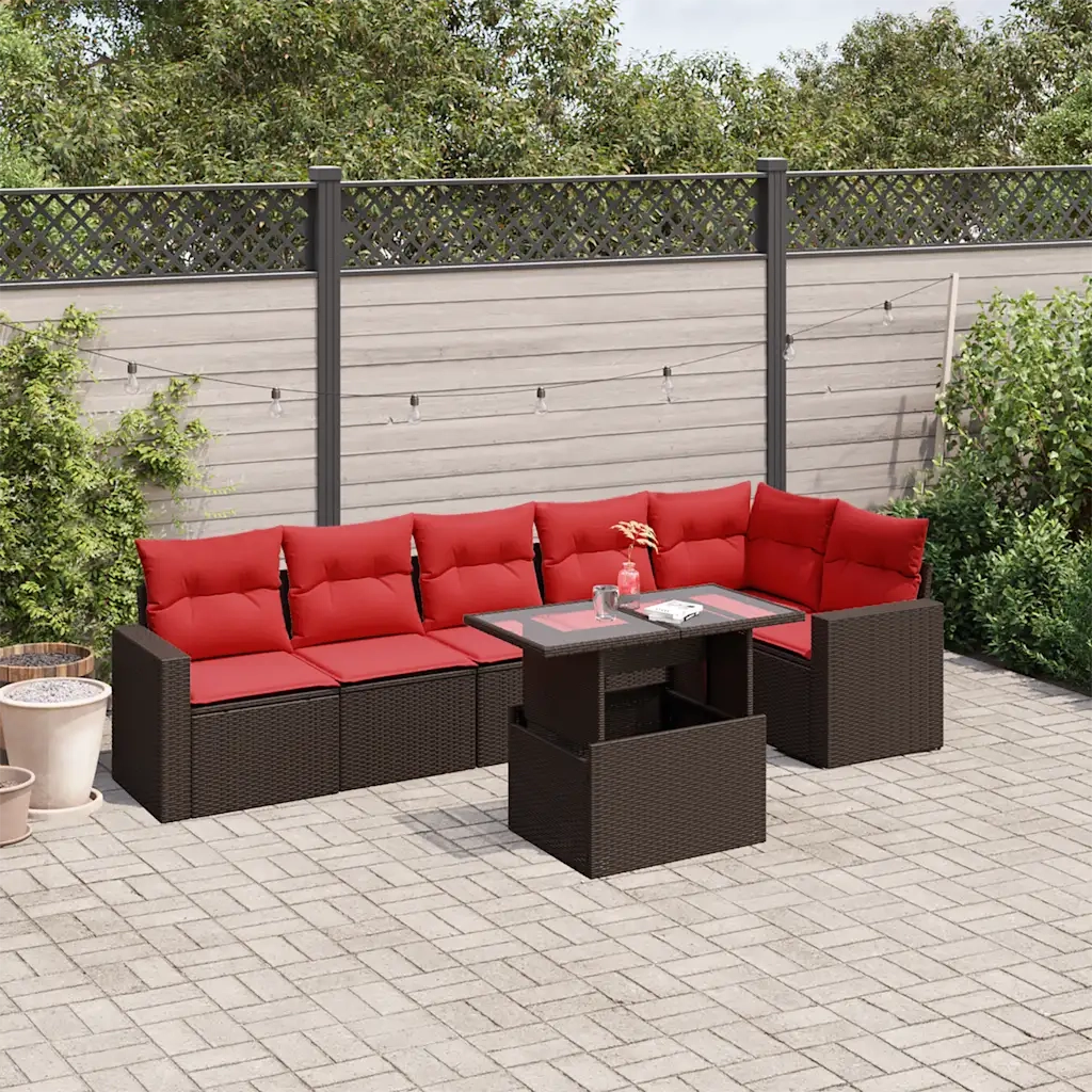 Set Divani da Giardino 7 pz con Cuscini Marrone in Polyrattan 3267294
