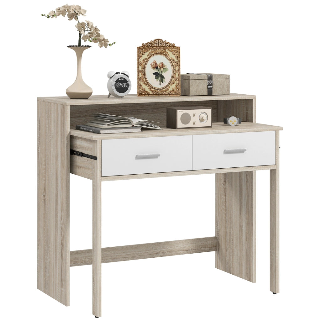 Tavolo console con piano scorrevole e 2 cassetti ¨C Zephmum ¨C 95x35x87 cm, effetto quercia