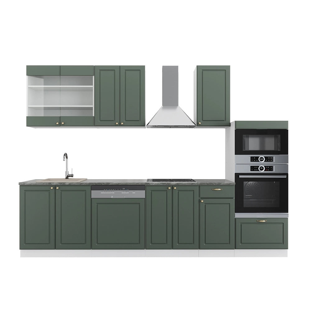 Cucina componibile Fame-Line Verde-oro rustico/Bianco 300 cm con armadio alto, PL Antracite Vicco