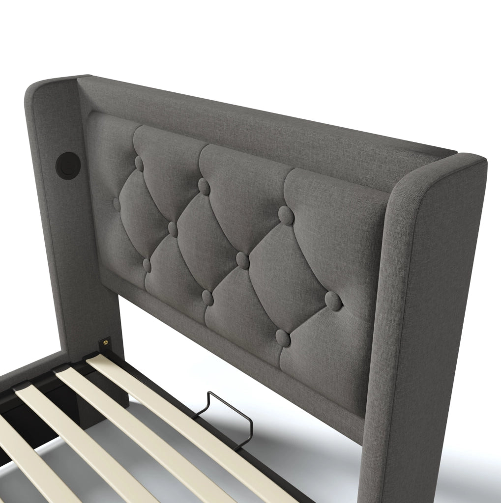Letto imbottito singolo ULEVR 90x200 cm con contenitore idraulico, LED, USB e Type-C, cotone grigio