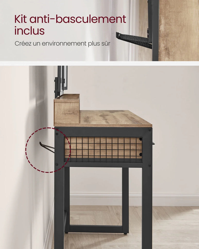 Set da toeletta con sgabello 40 x 90 x 141 cm imbottito con triplo specchio 3 cassetti portaphon e contenitore portaoggetti. Stile industriale marrone rustico e nero. 12_0005420