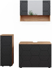 set mobili bagno Irma, Quercia dorata/Antracite, 3 pezzi, con cassettiera e mobile midi
