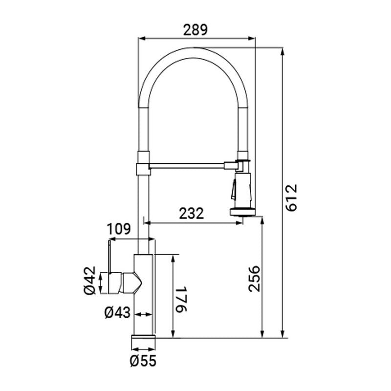 Rubinetto per lavello con bocca alta, provvisto di doccetta a 2 getti con attacco magnetico, serie miami