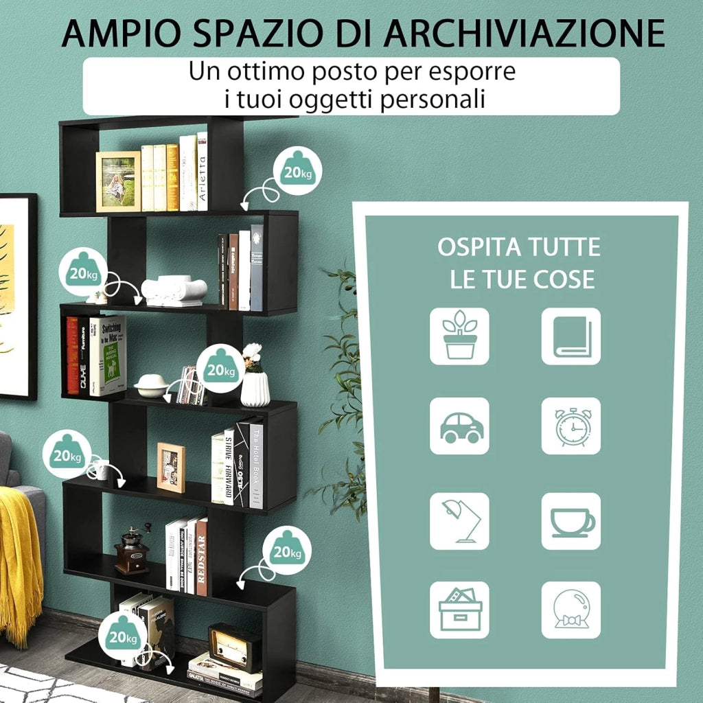 Libreria in Legno Scaffale Multifunzionale a 6 Ripiani per Piante e Libri per Ufficio Casa Ripiano a Forma di S, 80 x 23 x 192 cm (Nero)