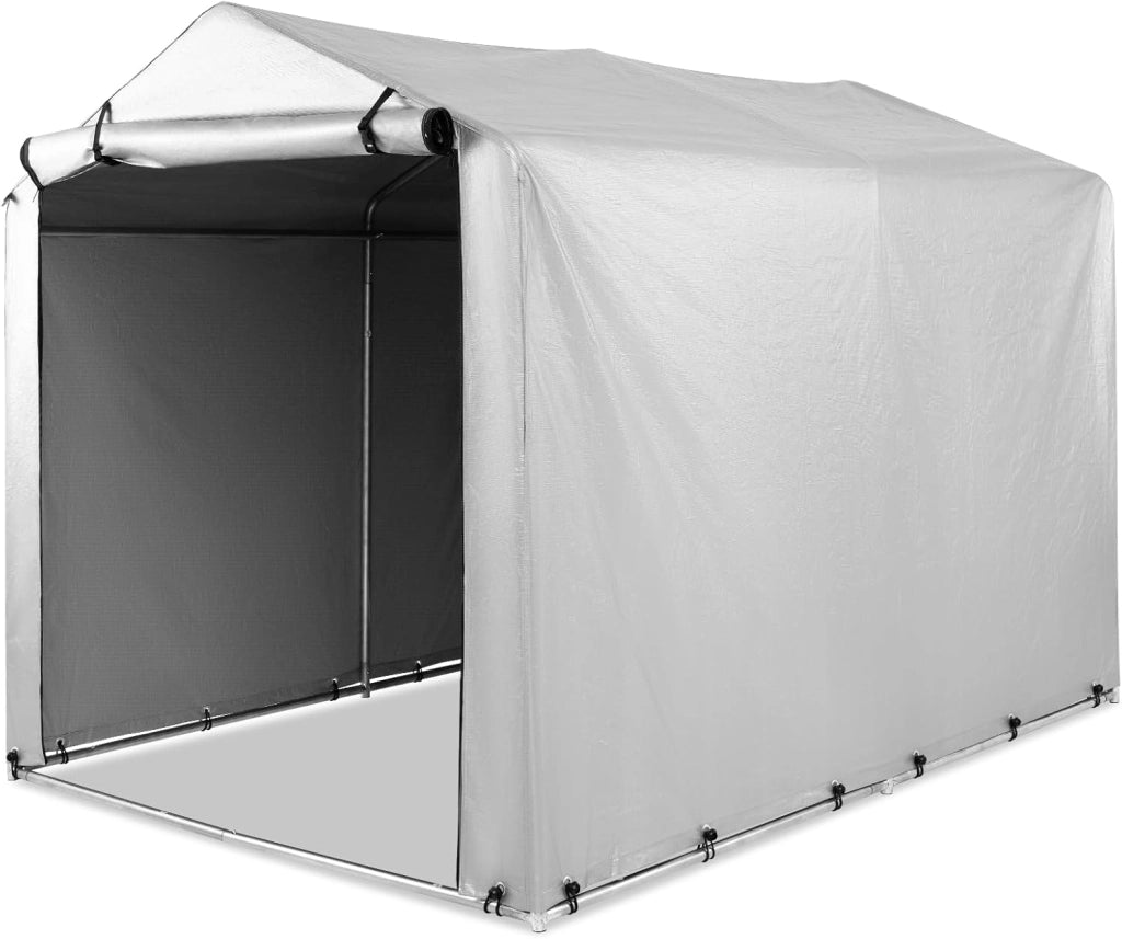 Capanno da Giardino 218 X 160 X 164 CM, Tenda Garage per Bici Moto Attrezzi, con Copertura en PE Impermeabile, Porta con Cerniera, Telaio in Metallo, Picchetti, per Esterno (Grigio Chiaro)