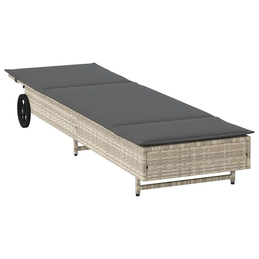 Lettino Prendisole con Ruote e Cuscino Polyrattan Grigio Chiaro 4104038