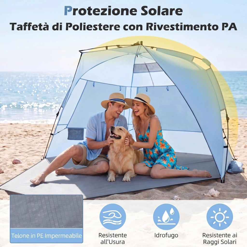 Tenda da Spiaggia Grande Adatta a 3-4 persone, Tenda da Campeggio Pop Up con 4 Finestre in Rete, Porta con Cerniera e Borsa da Trasporto, Protezione Solare, 278 x 139 x 160 cm