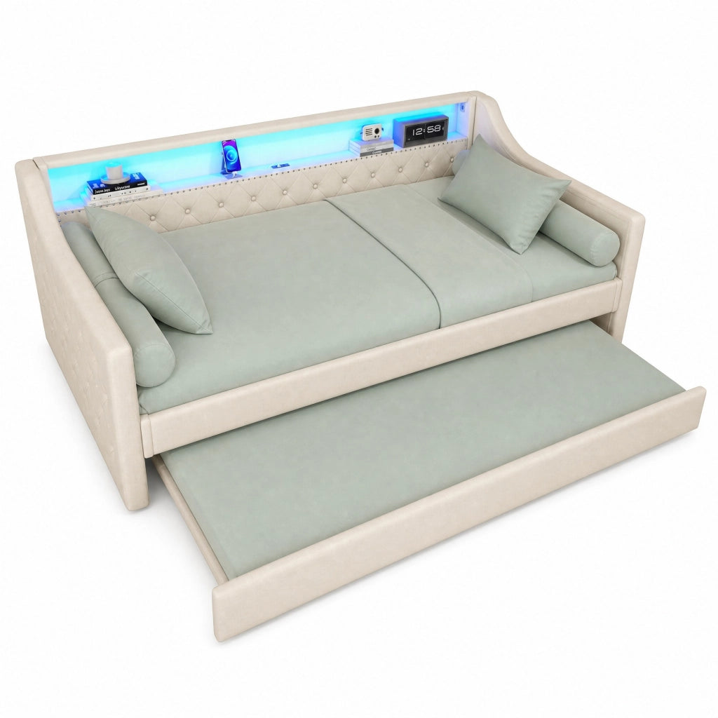 Letto daybed 90x200 cm con letto estraibile, LED, USB e rete a doghe