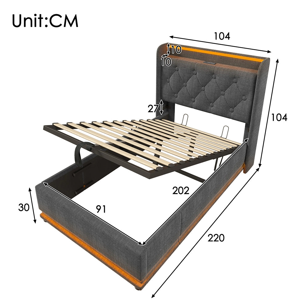 Letto a cassone per adulti - Xylo - 90x200 cm - Grigio - Testiera imbottita, funzione di ricarica USB-C