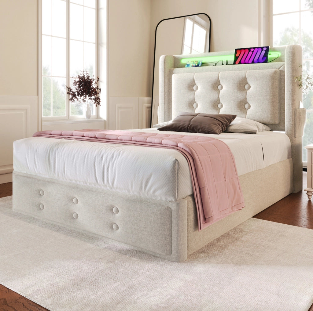 Letto singolo 90x200 in cotone e metallo beige con LED， USB-C e vano contenitore